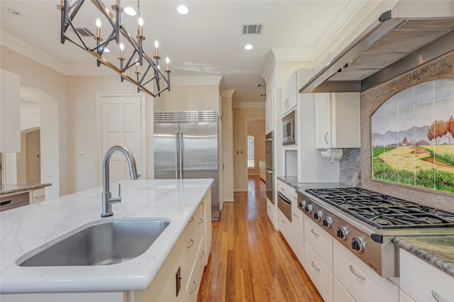 kitchen with visible vents, a sink, exhaust hood, light wood finished floors, and built in appliances