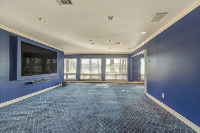 empty room featuring baseboards, carpet floors, visible vents, and ornamental molding