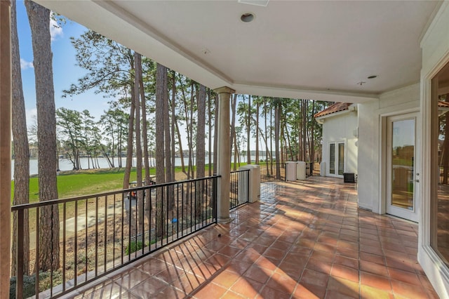 view of patio / terrace featuring a water view