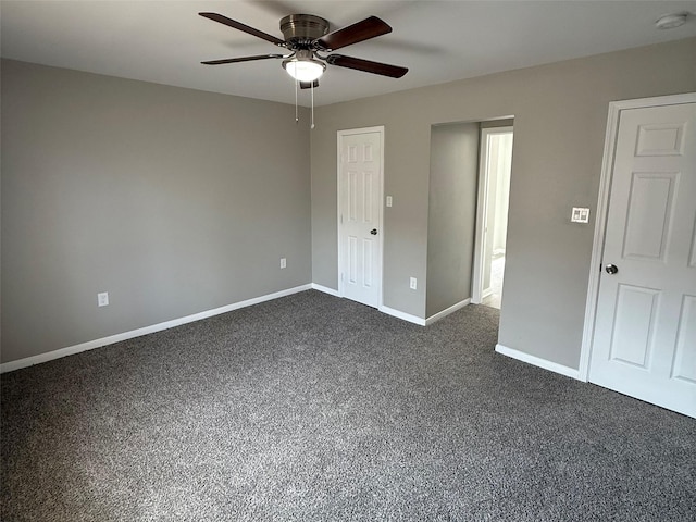 unfurnished bedroom featuring a ceiling fan, baseboards, and dark colored carpet