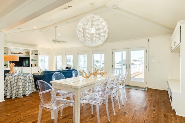 dining room featuring visible vents, dark wood finished floors, beamed ceiling, ornamental molding, and french doors