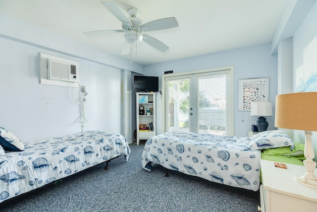 carpeted bedroom featuring french doors, a wall mounted AC, ceiling fan, and access to outside