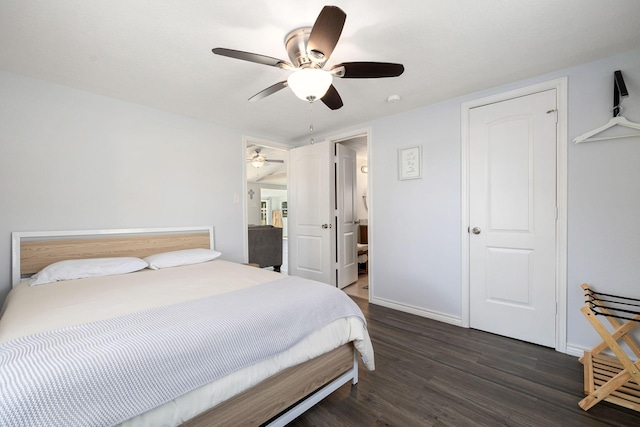 bedroom featuring a ceiling fan, baseboards, and dark wood-style flooring