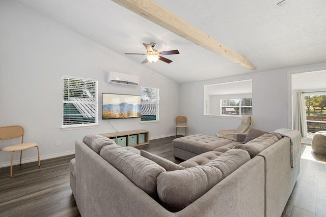 living area featuring lofted ceiling with beams, a wall mounted AC, and wood finished floors