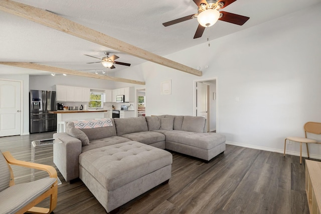 living room with vaulted ceiling with beams, baseboards, and dark wood-style flooring