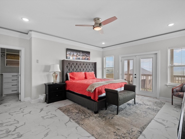 bedroom with baseboards, marble finish floor, ornamental molding, and access to outside