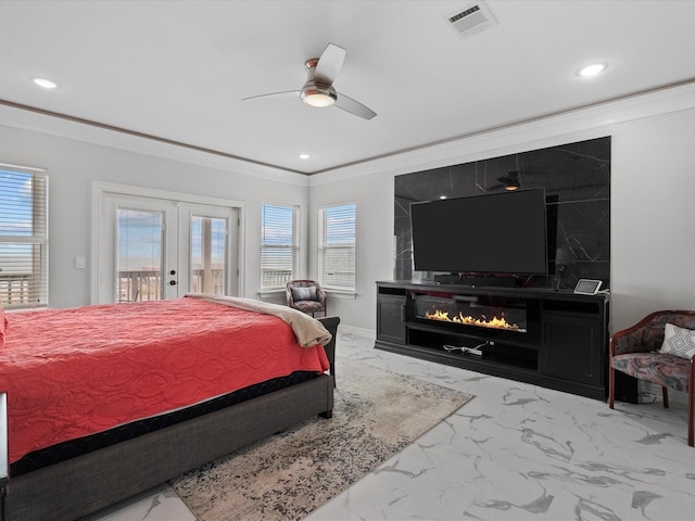 bedroom featuring visible vents, multiple windows, marble finish floor, crown molding, and access to exterior