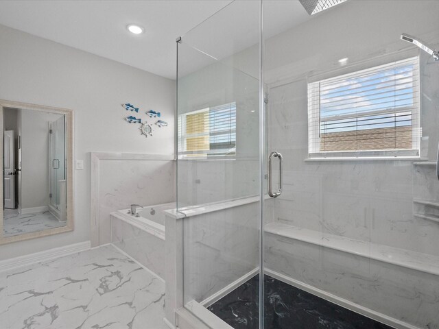 full bathroom featuring a bath, recessed lighting, marble finish floor, and a marble finish shower