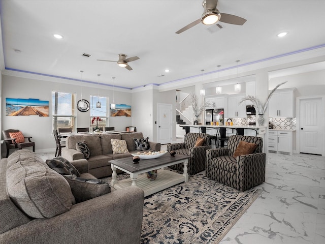 1018 Seashell Dr, Surfside Beach, TX 77541 - living area with a ceiling fan, crown molding, light marble finish flooring, recessed lighting, and stairs