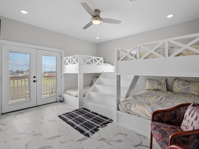 bedroom with access to exterior, recessed lighting, french doors, marble finish floor, and a ceiling fan