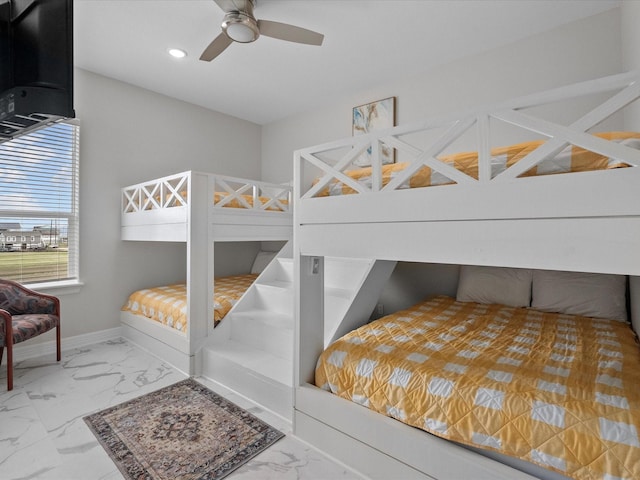 bedroom with recessed lighting, baseboards, marble finish floor, and a ceiling fan