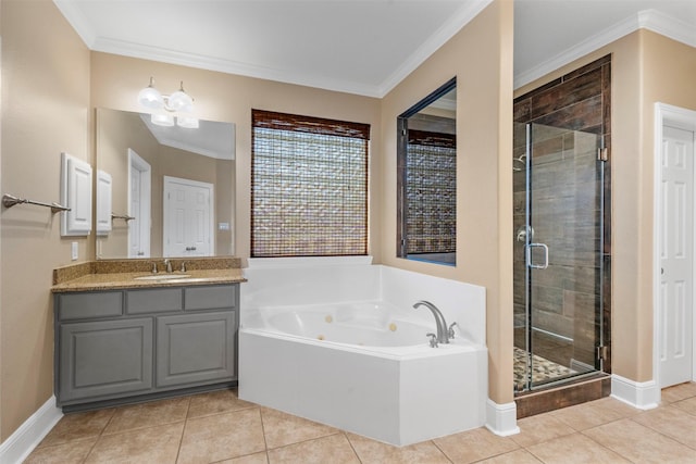 bathroom with a shower stall, crown molding, a whirlpool tub, tile patterned floors, and vanity