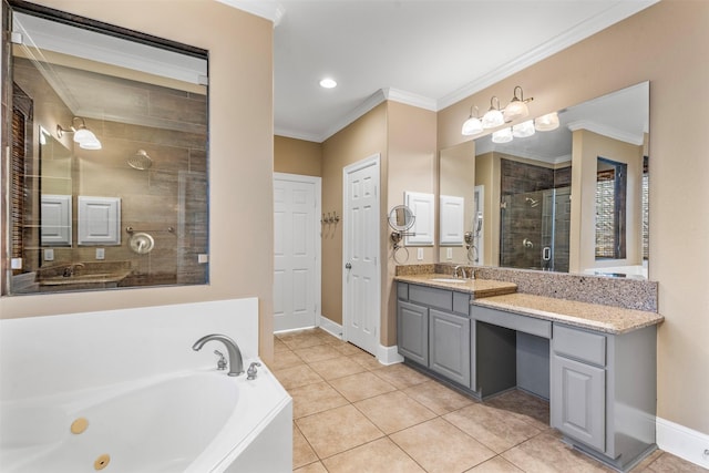 full bath with vanity, a tub with jets, a stall shower, ornamental molding, and tile patterned floors