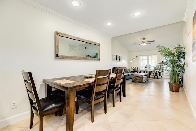 dining area featuring recessed lighting, a ceiling fan, crown molding, and baseboards