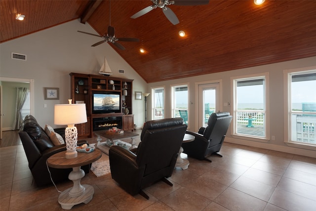 living area featuring a warm lit fireplace, wood ceiling, visible vents, and a wealth of natural light