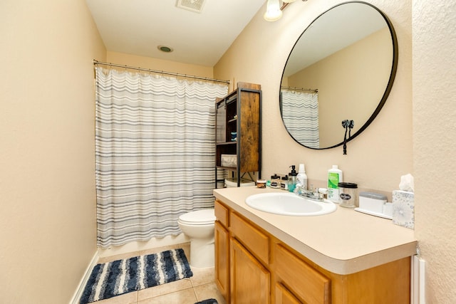 full bath with vanity, tile patterned floors, toilet, and a shower with shower curtain