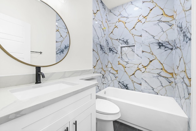 full bathroom featuring toilet, shower / washtub combination, and vanity