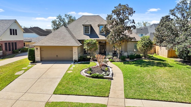 view of front of property with driveway, fence, a front yard, a shingled roof, and an attached garage