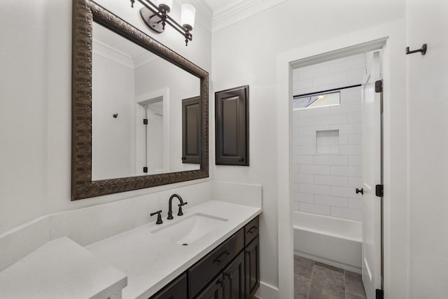 full bathroom featuring vanity, crown molding, and bathing tub / shower combination