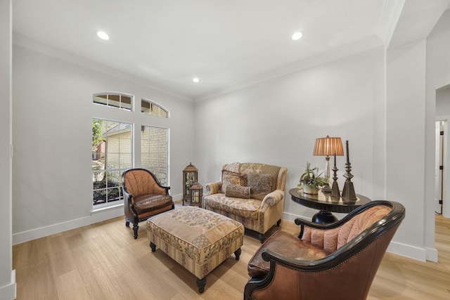 living area with crown molding and baseboards