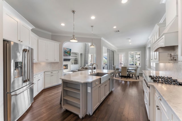 kitchen with a sink, crown molding, appliances with stainless steel finishes, custom exhaust hood, and open shelves