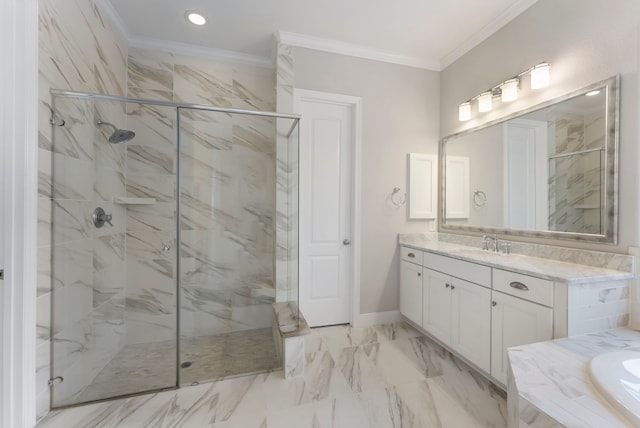 bathroom featuring marble finish floor, ornamental molding, a marble finish shower, a bath, and vanity