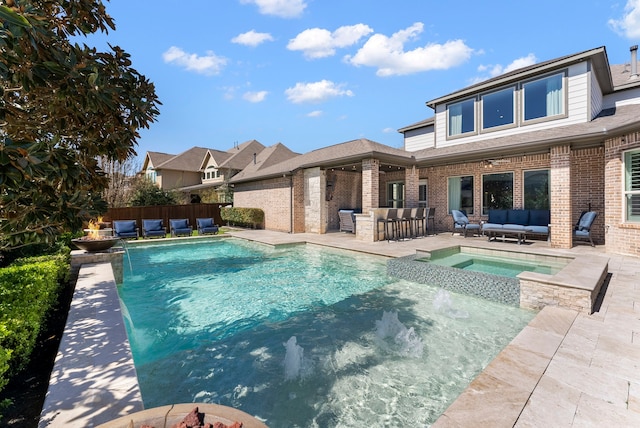 view of swimming pool with outdoor dry bar, a ceiling fan, fence, an outdoor hangout area, and a patio area