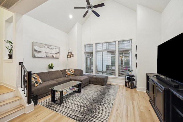 727 Dorothy St, Houston, TX 77007 - living room featuring high vaulted ceiling, ceiling fan, light wood-style flooring, baseboards, and stairs
