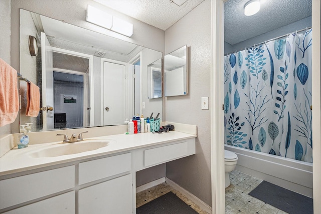 full bathroom featuring toilet, shower / bath combo, a textured ceiling, baseboards, and vanity