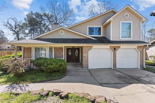 view of front of property featuring brick siding, an attached garage, a shingled roof, a chimney, and driveway