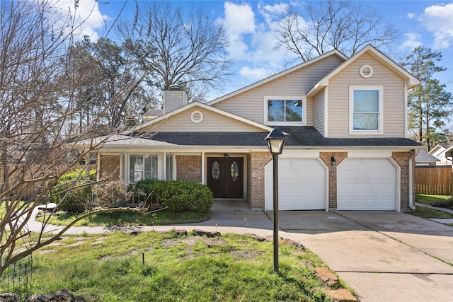 view of front of home featuring brick siding, a chimney, concrete driveway, and a shingled roof