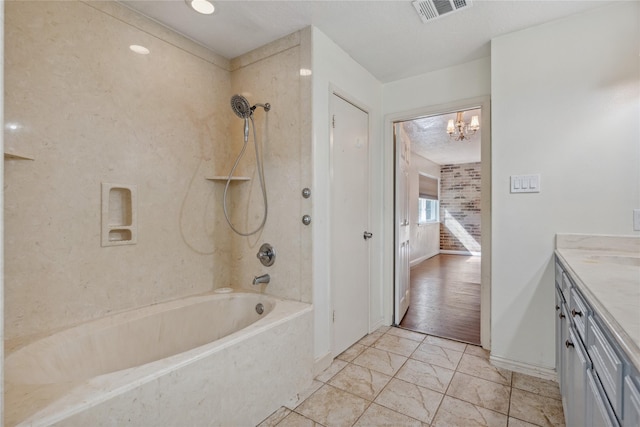 full bath featuring vanity, baseboards, visible vents, shower / bathing tub combination, and a chandelier