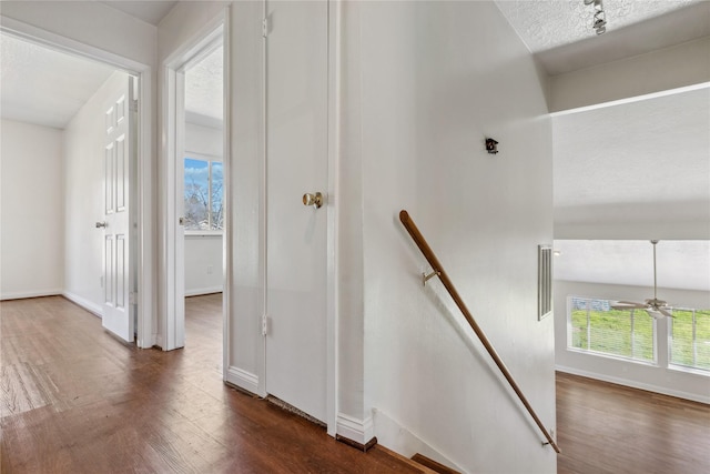 stairway with visible vents, baseboards, and wood finished floors