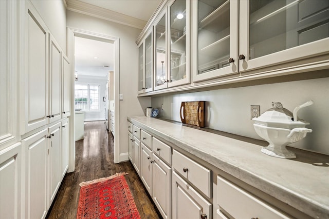 bar with crown molding, baseboards, and dark wood-type flooring