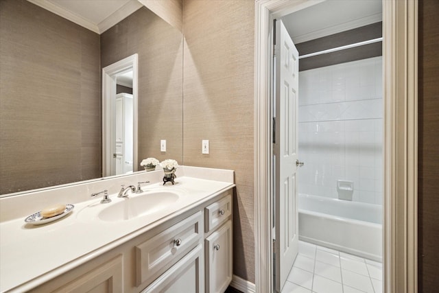 bathroom featuring vanity, crown molding, shower / bathing tub combination, and tile patterned floors