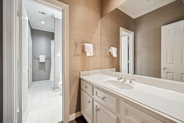 bathroom featuring vanity, visible vents, tile patterned flooring, crown molding, and toilet