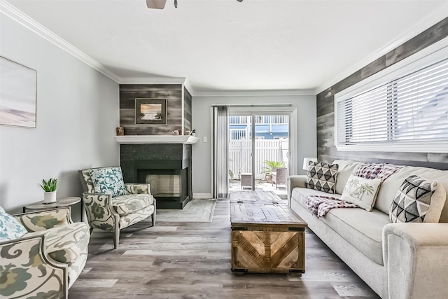 living room with a fireplace, wood finished floors, and ornamental molding