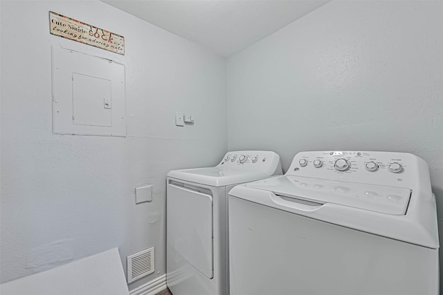 laundry area with washer and clothes dryer, laundry area, visible vents, and electric panel