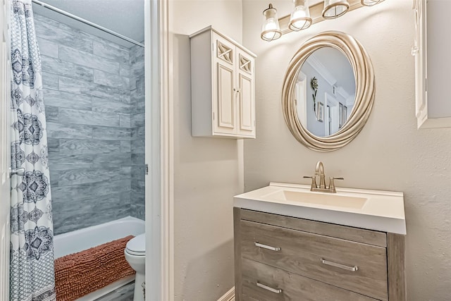 bathroom with toilet, vanity, and shower / bathtub combination with curtain