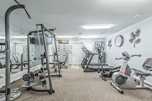 gym with crown molding, baseboards, and a textured ceiling