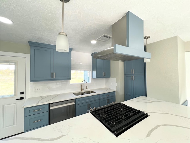 kitchen with a sink, blue cabinetry, cooktop, island range hood, and stainless steel dishwasher