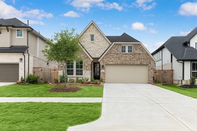 view of front of home featuring a front yard, fence, and brick siding