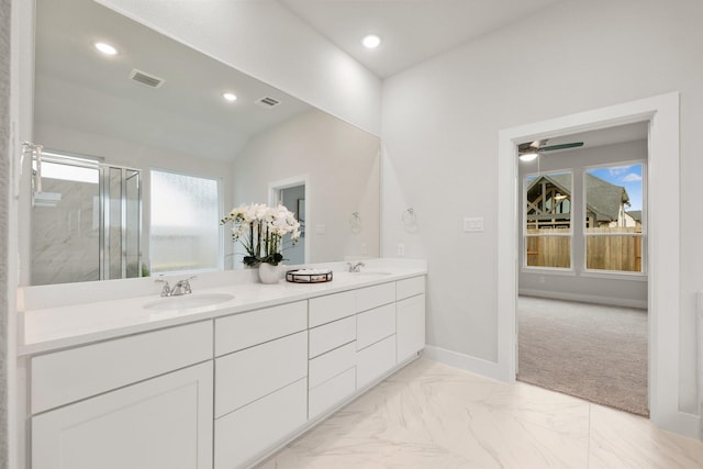 full bath featuring a sink, visible vents, and a shower stall