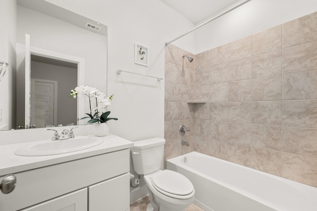 full bath featuring tub / shower combination, visible vents, toilet, and vanity