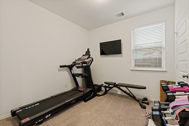 exercise area featuring baseboards, visible vents, and carpet floors