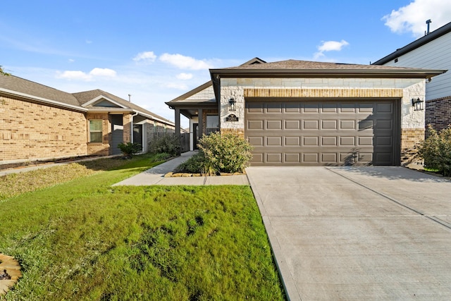 view of front of home with a garage, brick siding, concrete driveway, and a front yard