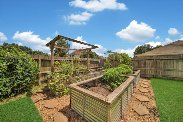 view of yard featuring a vegetable garden and fence