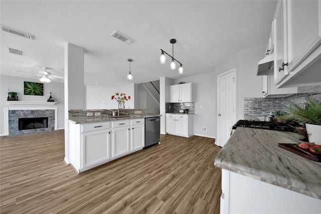 kitchen featuring stainless steel dishwasher, visible vents, under cabinet range hood, and a sink