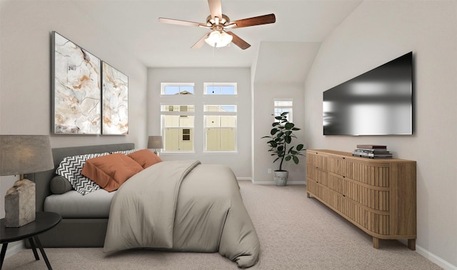 bedroom featuring light colored carpet, baseboards, and a ceiling fan