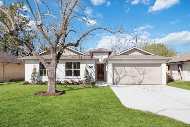 view of front of property featuring brick siding, an attached garage, concrete driveway, and a front lawn